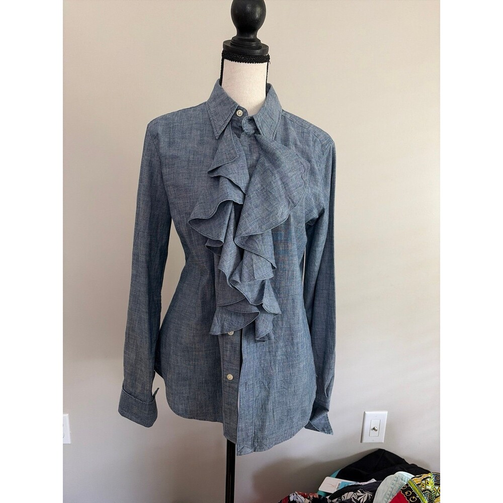 vintage Ralph Lauren chambray button-down shirt highlighted by a ruffles